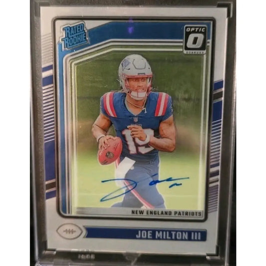 Autographed football trading card of Joe Milton III in a New England Patriots uniform.