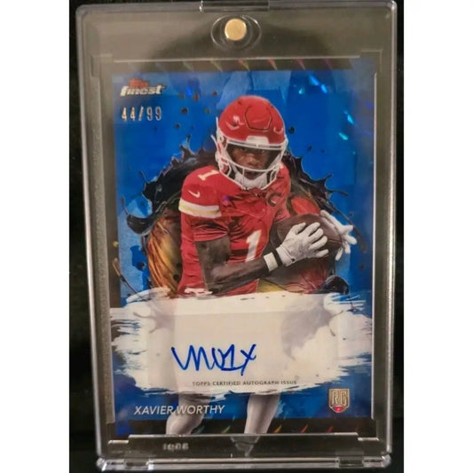 Xavier Worthy autographed football trading card in a protective case