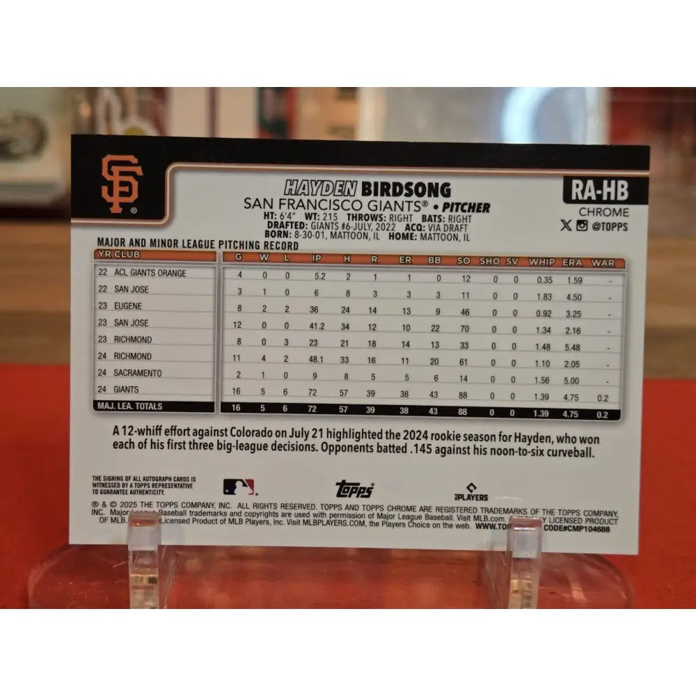 2025 Topps Chrome Hayden Birdsong Auto Rookie Rc Giants RA H8 Baseball Card