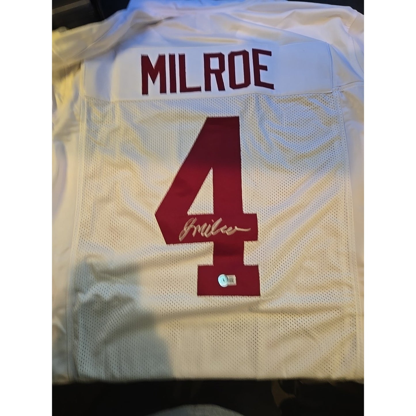 Jalen Milroe Signed Custom Jersey White And Crimson Red Beckett Authenticated