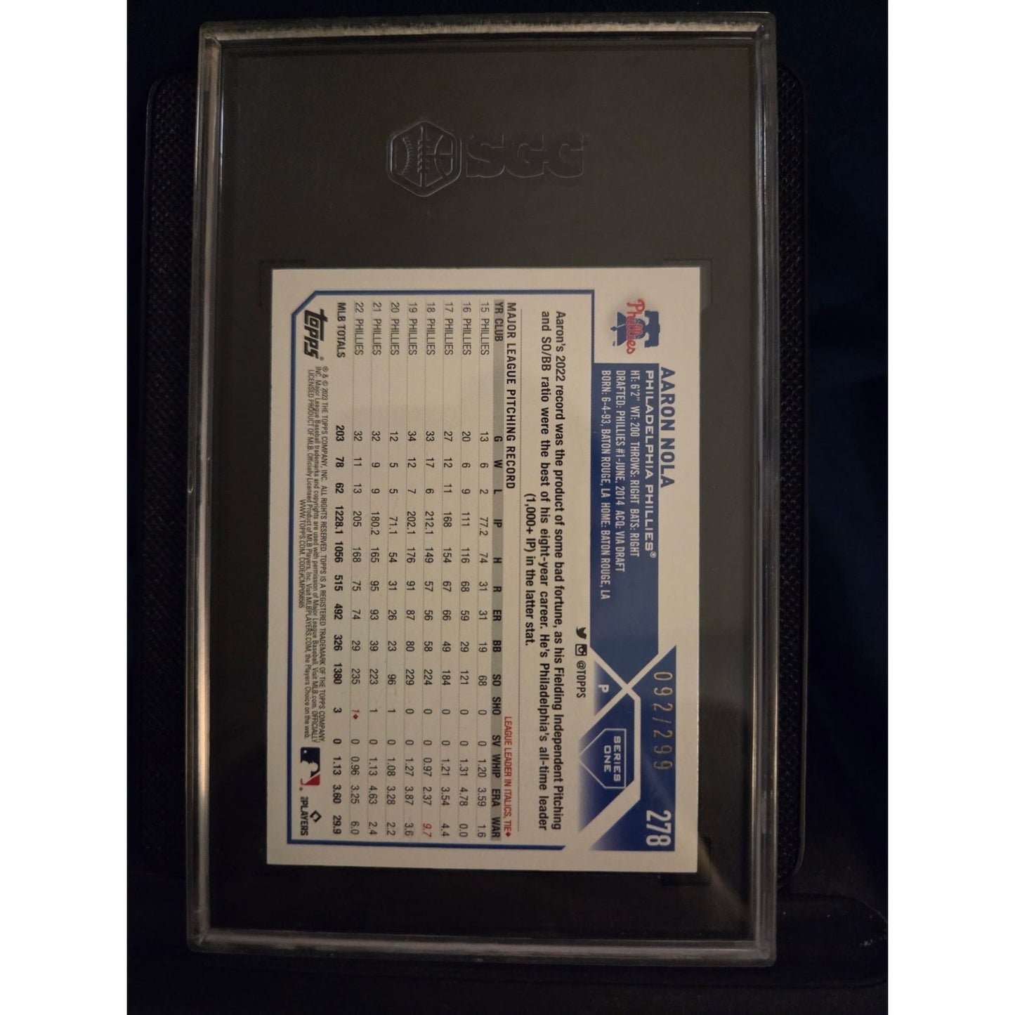 Aaron Nola /299 2023 Topps Series 1 Orange Foilboard SGC 10 - #278