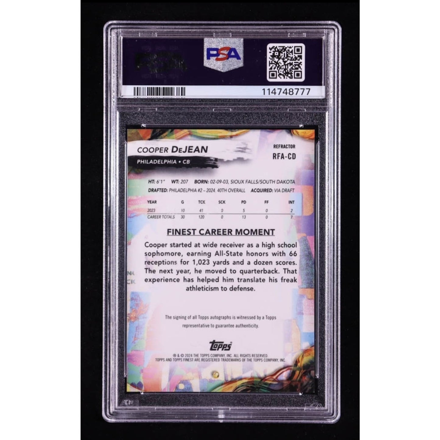 2024 Topps Finest #RFA-CD Rookie Finest Auto Refractor Cooper DeJean PSA 10