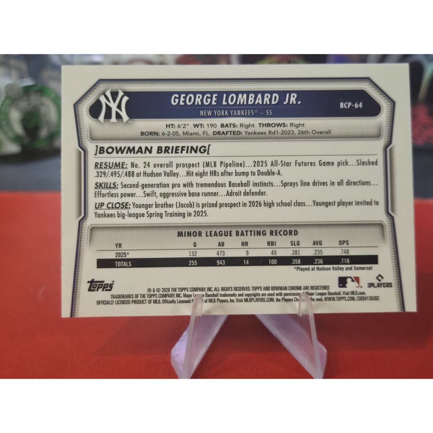 George Lombard Jr /299 Mini Diamond Refractor 2026 Bowman Yankees