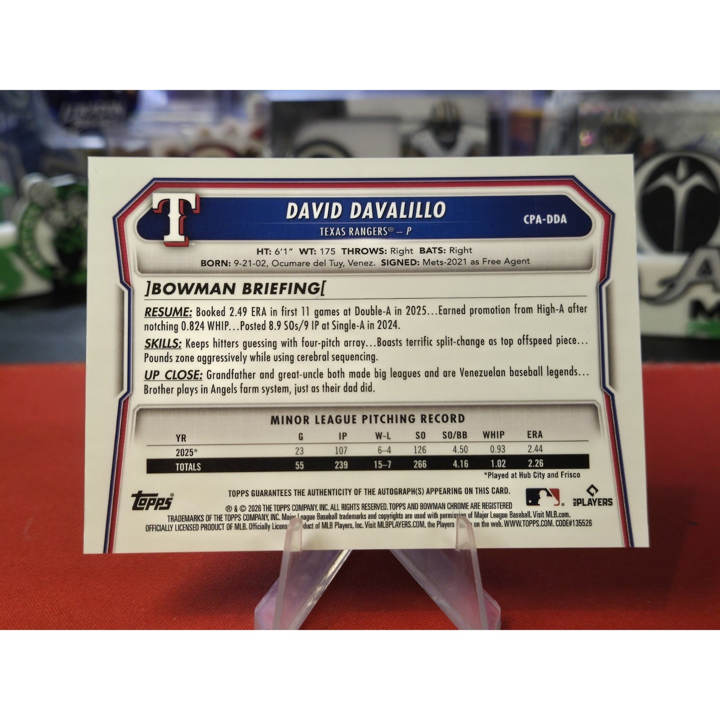 David Davalillo /150 Auto Rc 2026 Bowman - Chrome Prospects Blue Refractor