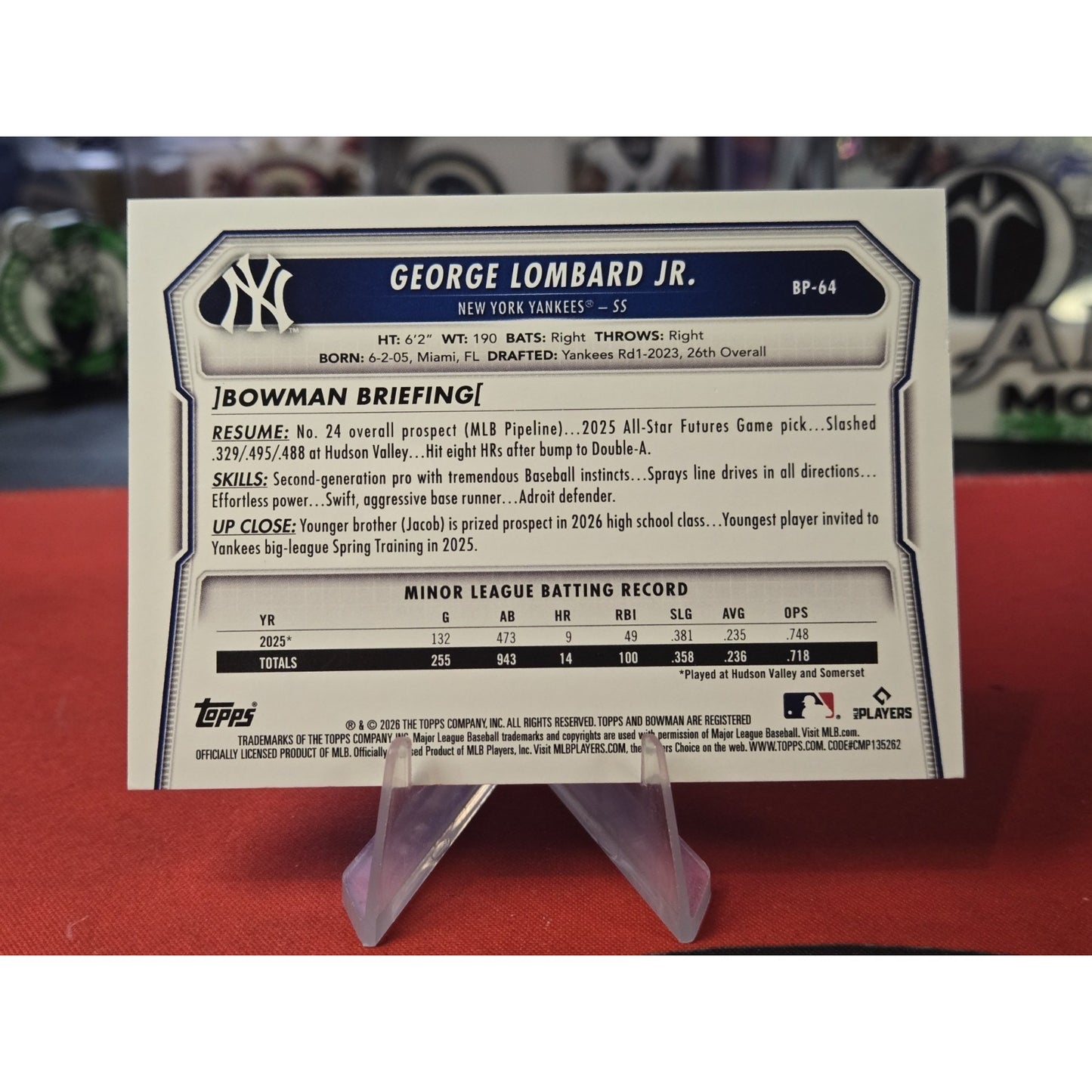 George Lombard Jr. /150 Bowman 2026 #BP-64 Blue Yankees Top Prospect