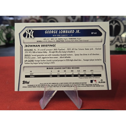 George Lombard Jr. /150 Bowman 2026 #BP-64 Blue Yankees Top Prospect