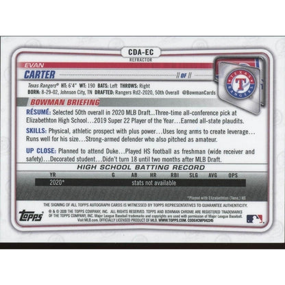 2020 Bowman Draft - Chrome Draft Picks Autographs Evan Carter #CDA-EC Refractor