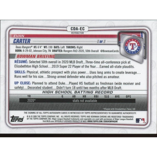2020 Bowman Draft - Chrome Draft Picks Autographs Evan Carter #CDA-EC Refractor