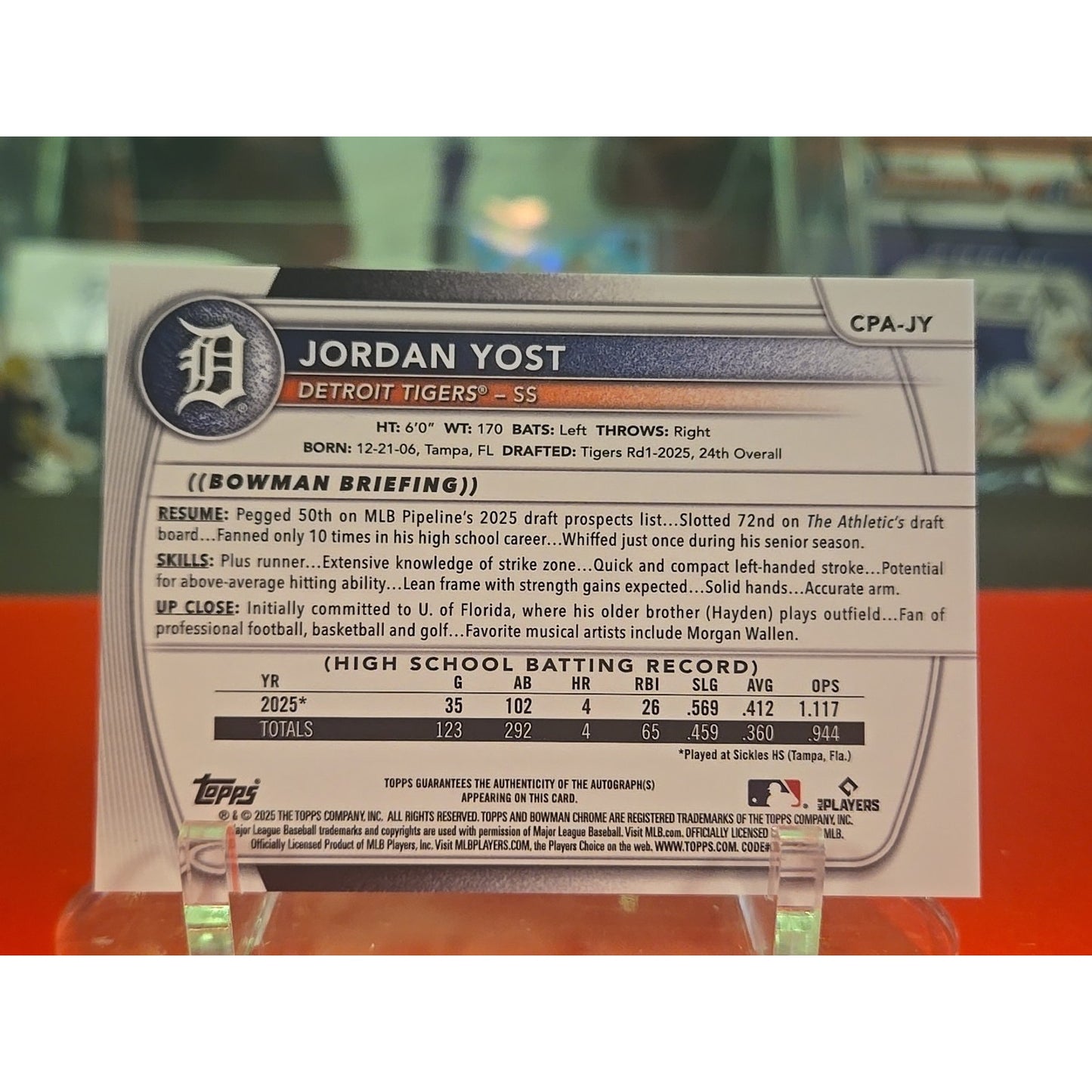 Jordan Yost Auto 2025 Bowman Draft Chrome #CPA-JY 1st Bowman Tigers RD 1 Pick