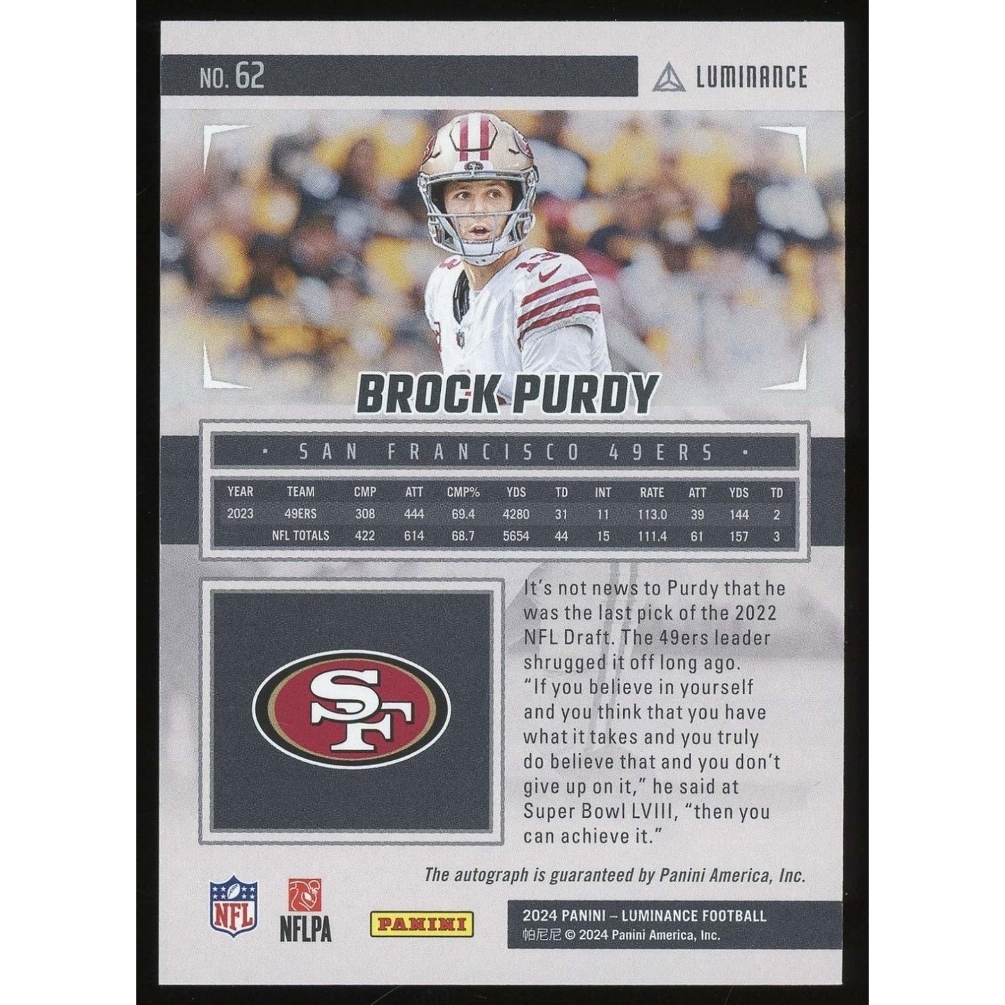 Brock Purdy /50 Auto 2024 Panini Luminance #62 Blue Autographs