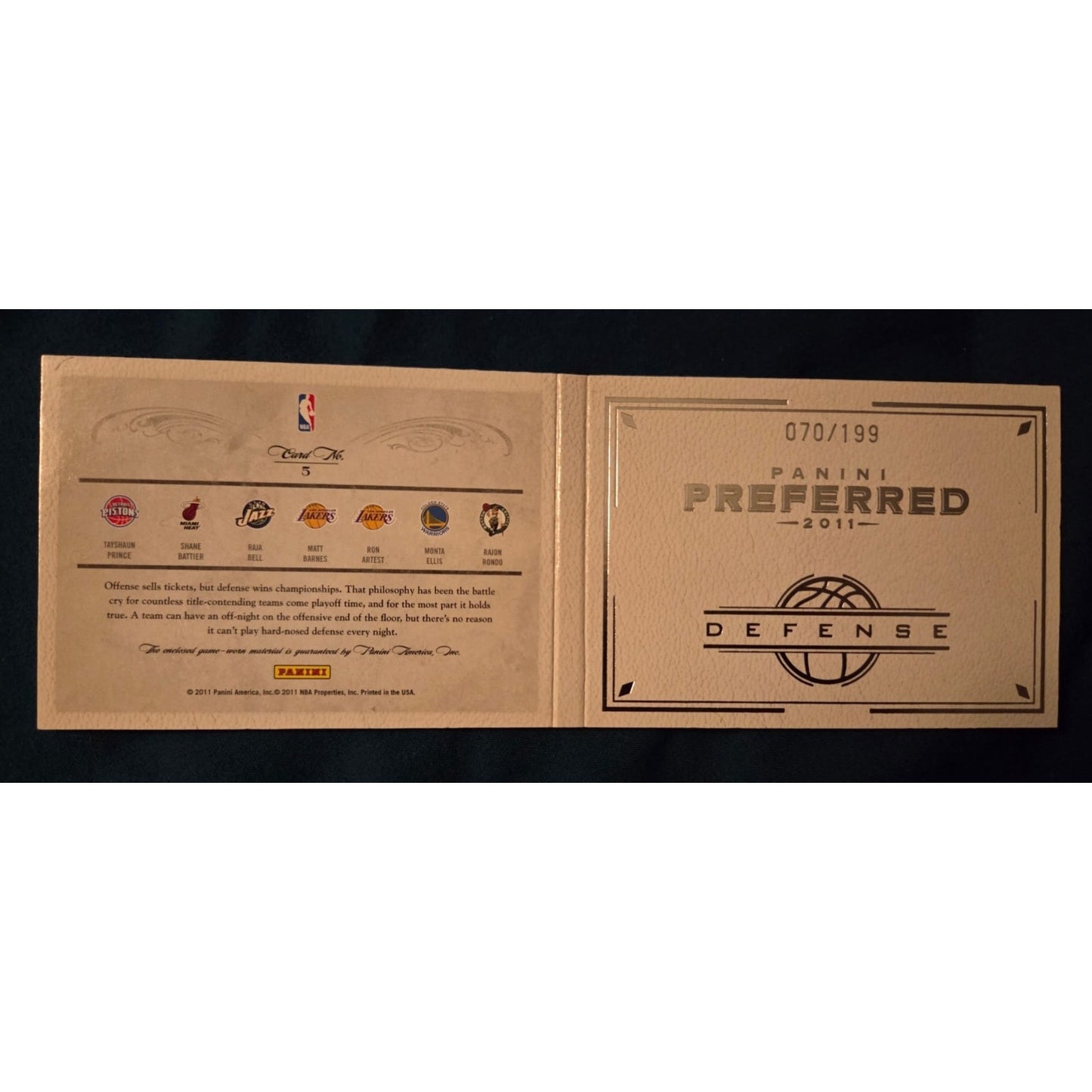 Rondo Artest Prince Battier 2011 Panini Preferred Defense Game-Worn Booklet /199