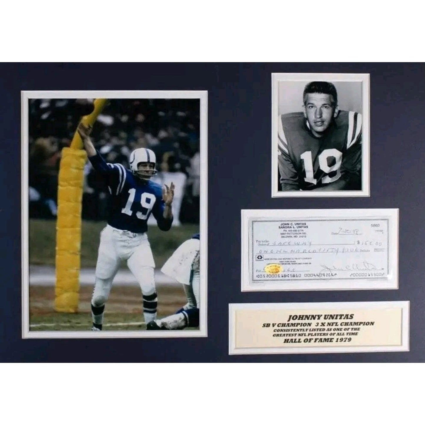 Johnny Unitas Signed Check In A 14×18 Matted Display COA