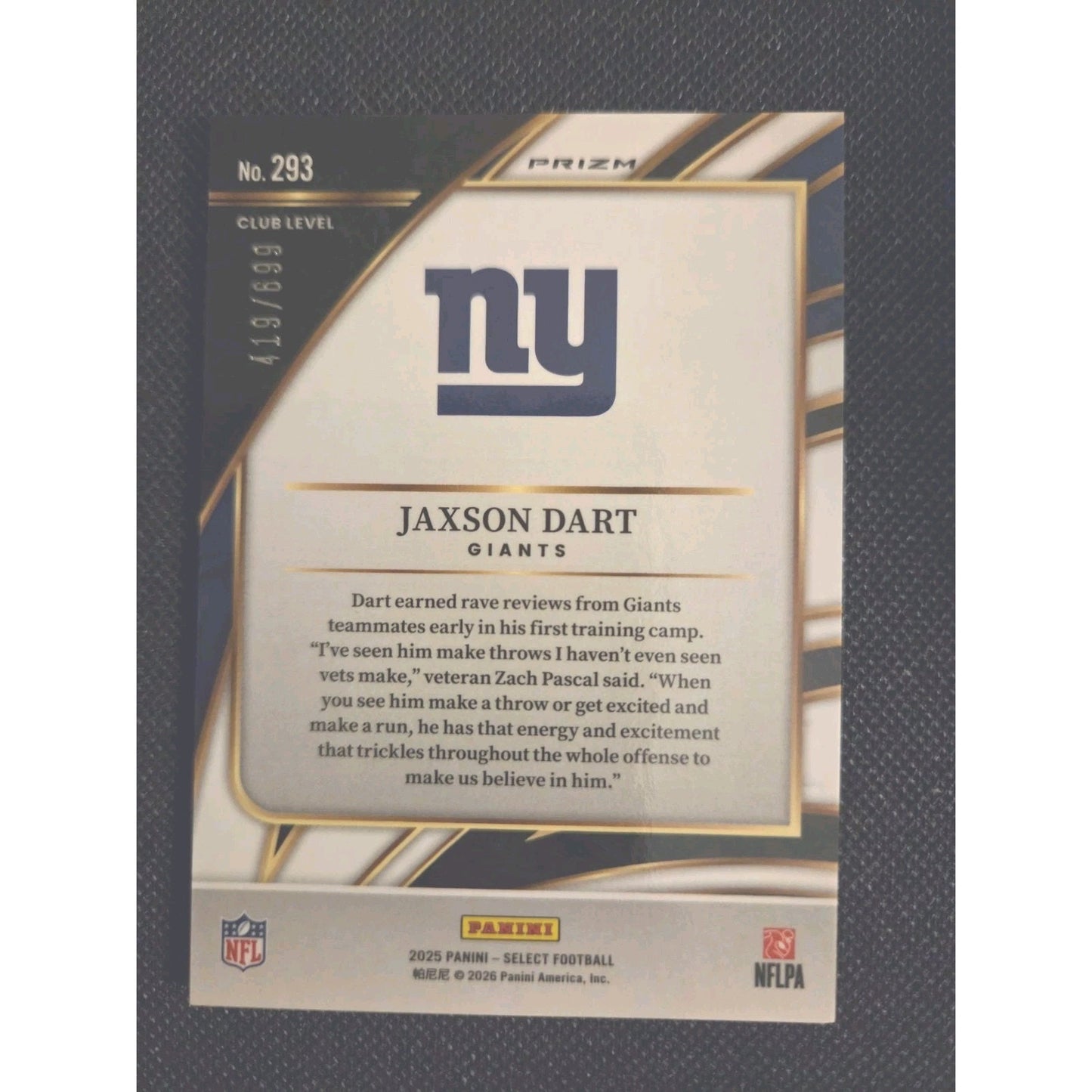 2025 Select Jaxson Dart RC Club Level Neon Green Shock #/699 Giants