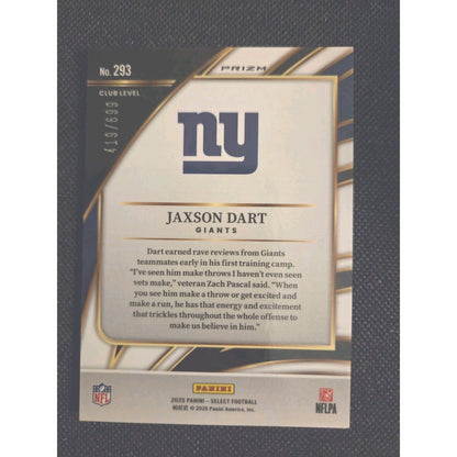 2025 Select Jaxson Dart RC Club Level Neon Green Shock #/699 Giants