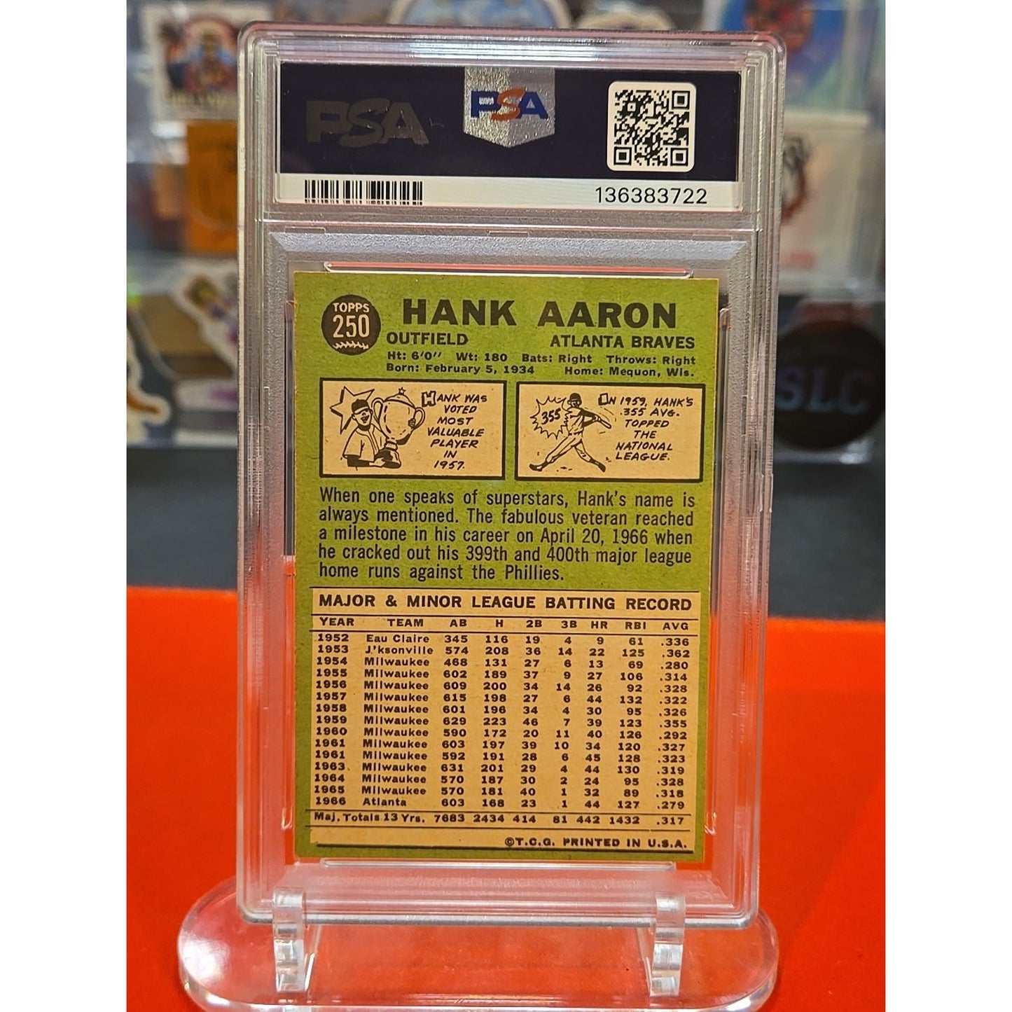1967 Topps #250: Hank Aaron - Atlanta Braves Graded EX/MT (MC) PSA