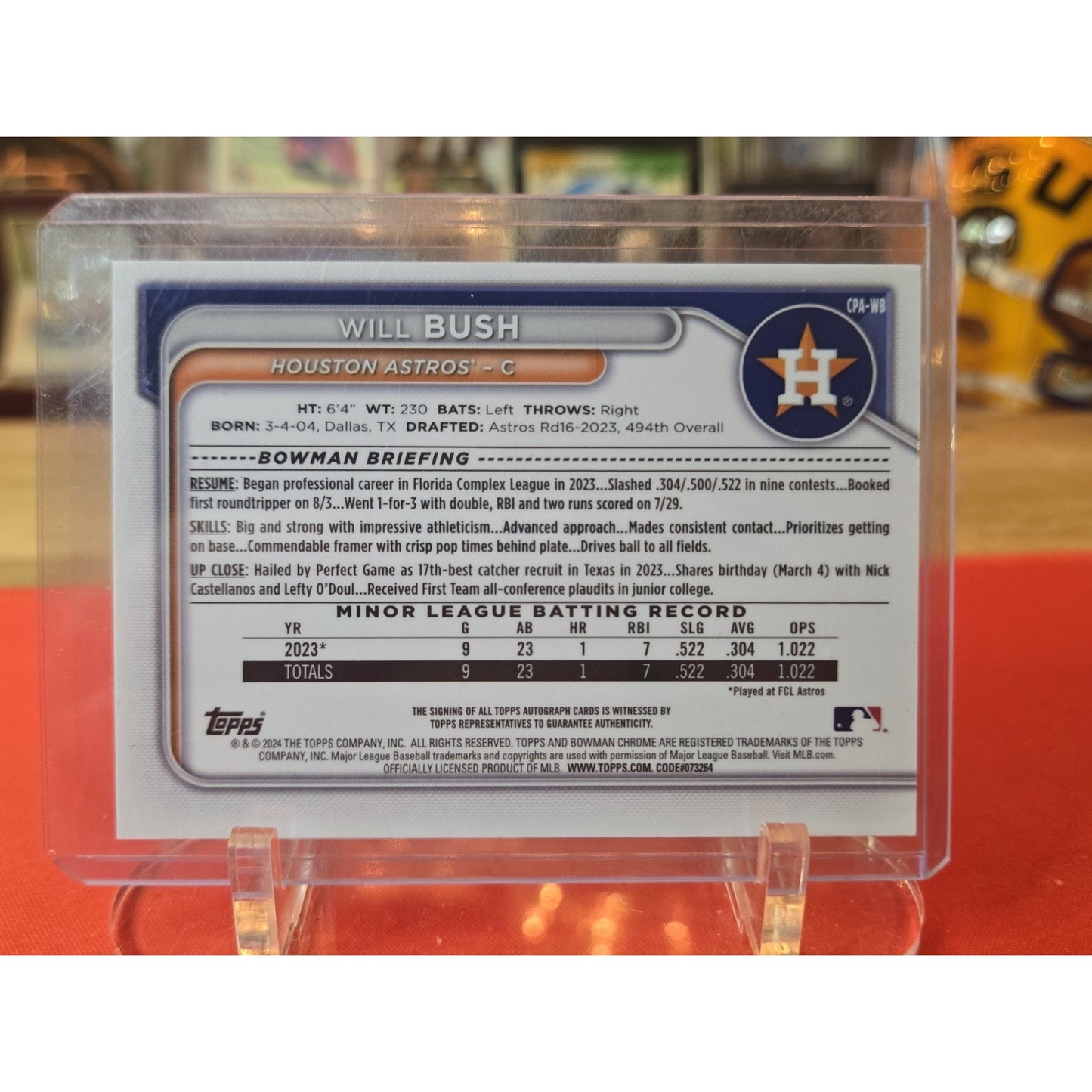 Will Bush /299 Auto 2024 Bowman Chrome Prospect #CPA-WB Speckle