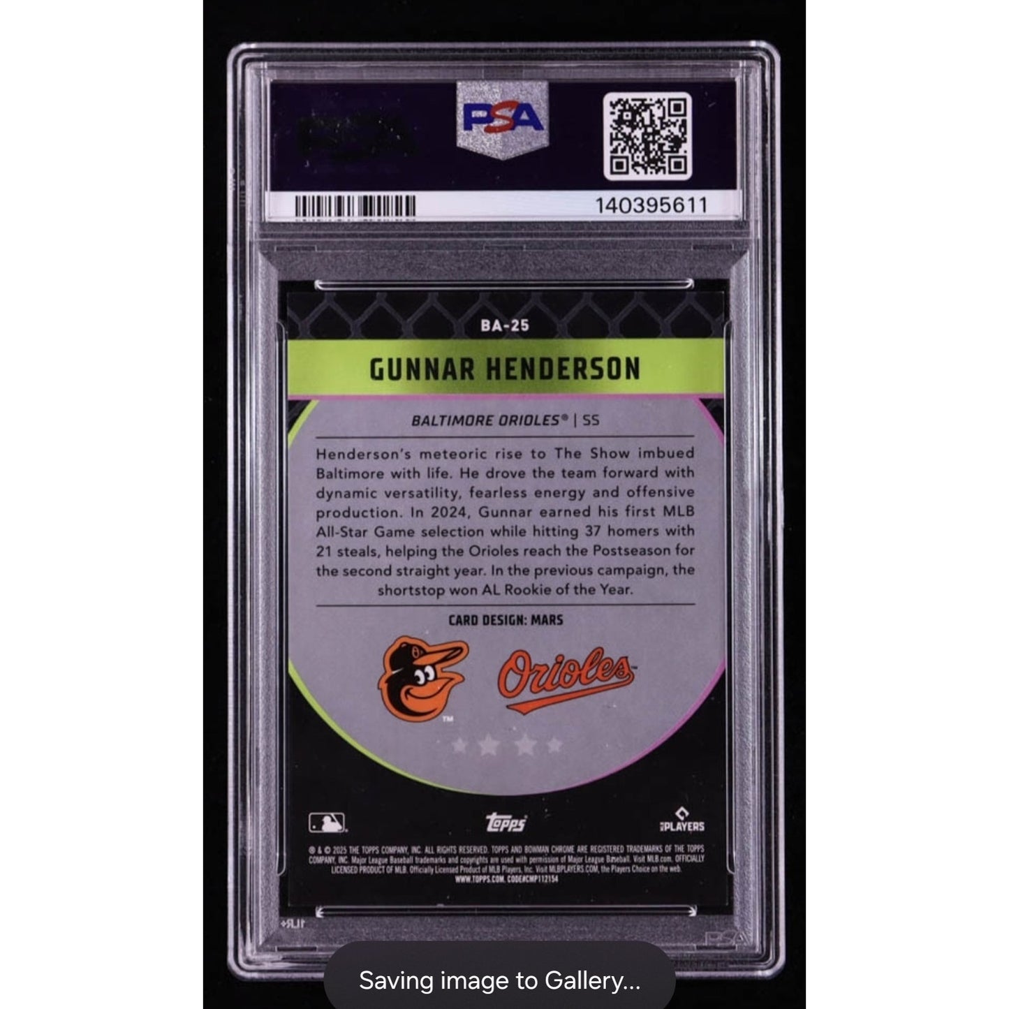 Gunnar Henderson PSA 9 - 2025 Bowman Chrome - Bowman Ascensions Pop 3 0 Higher