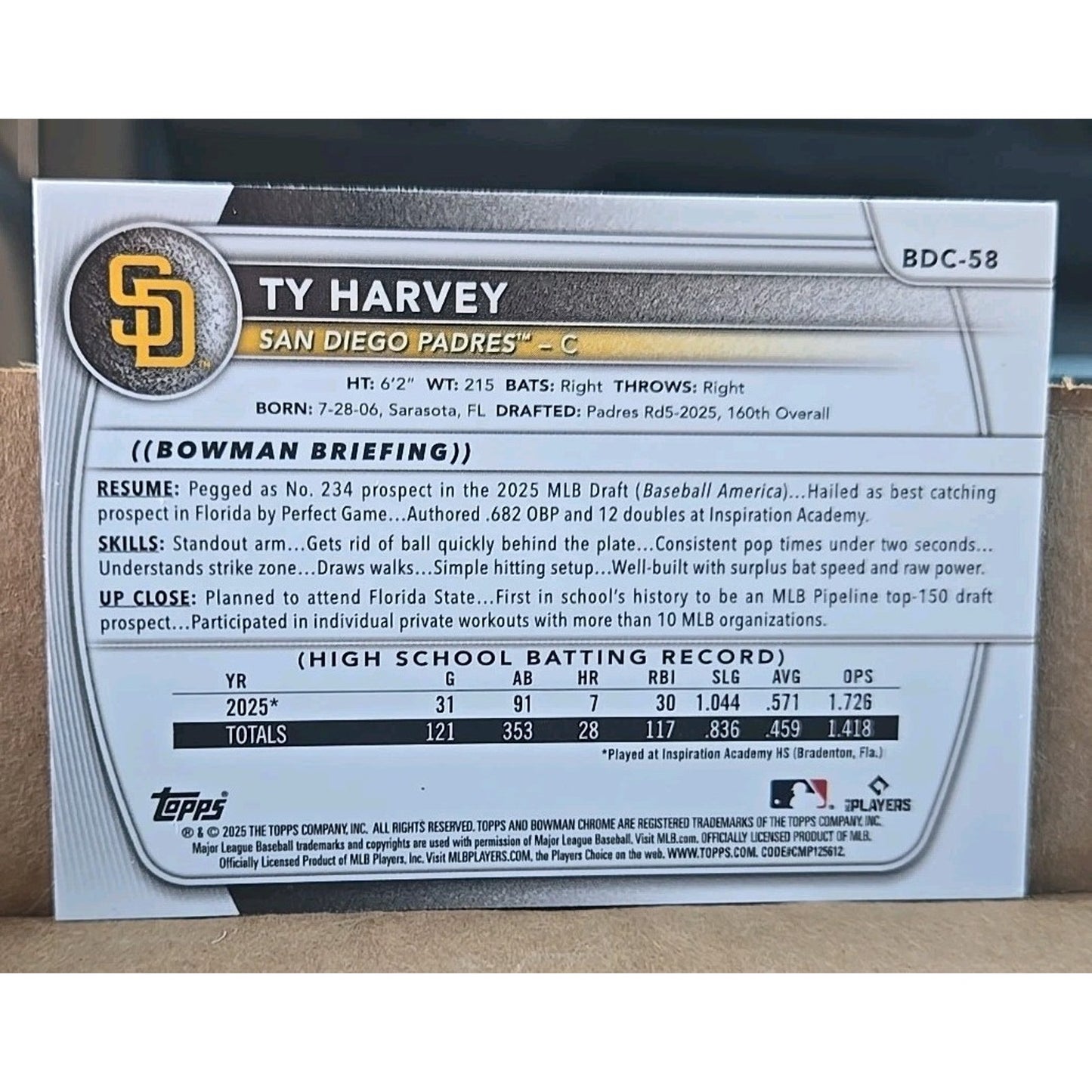 2025 Bowman Draft Chrome Ty Harvey #BDC-58 1st Lazer Refractor Padres Mint!