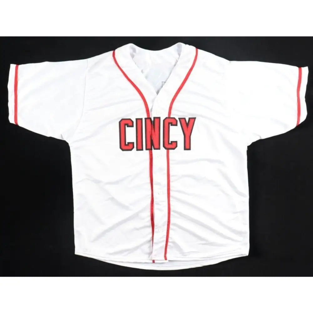 White baseball jersey with red trim and ’CINCY’ in red on the front.