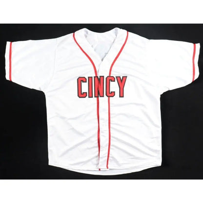 White baseball jersey with red trim and ’CINCY’ in red on the front.