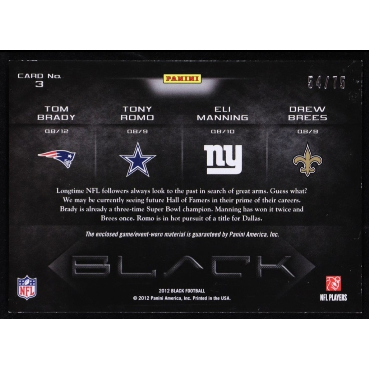 Tom Brady, Drew Brees, Eli Manning /75 2012 Panini Black Materials Quads #3