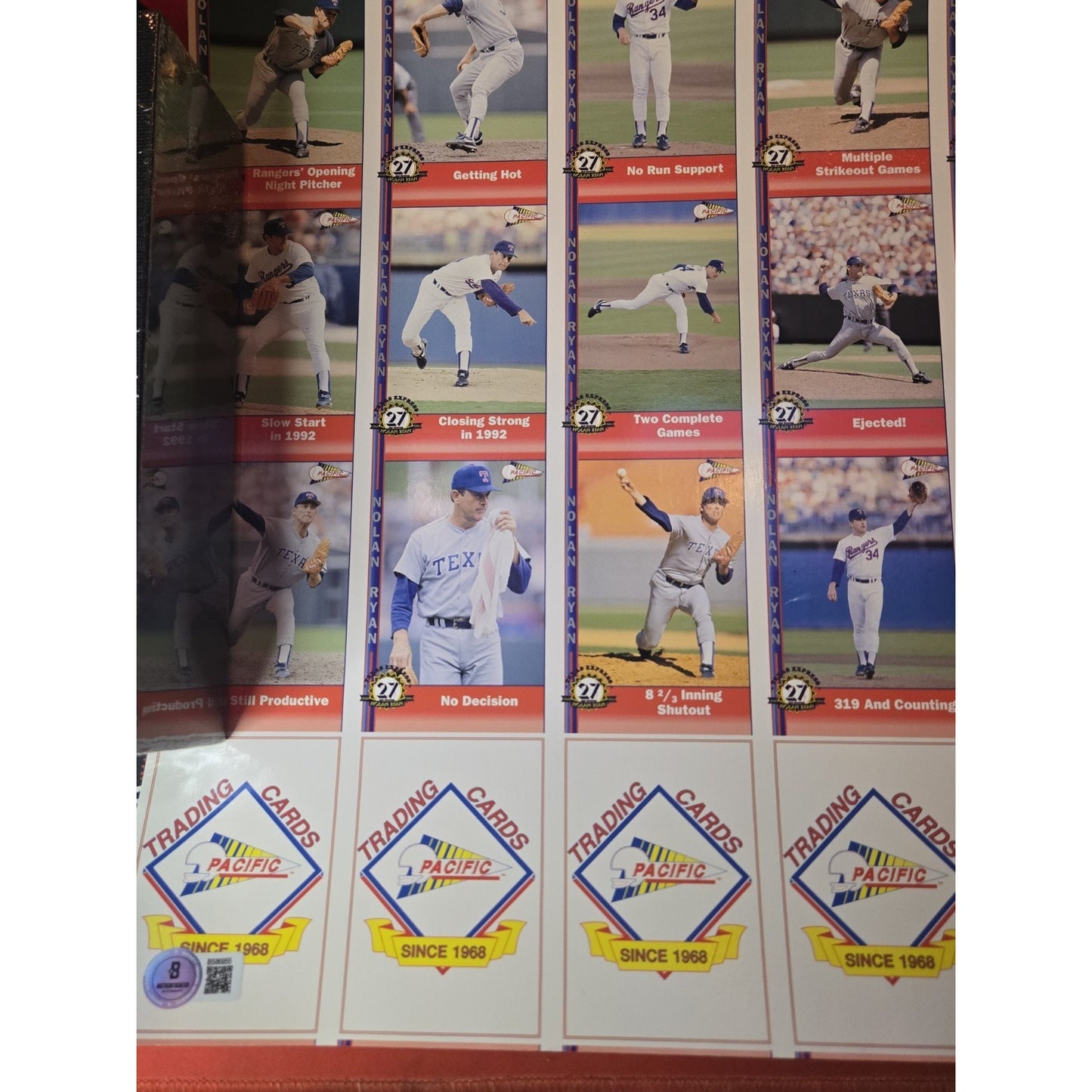 Nolan Ryan autographed Uncut Sheet Of 1991 Pacific Cards Beckett Authenticated