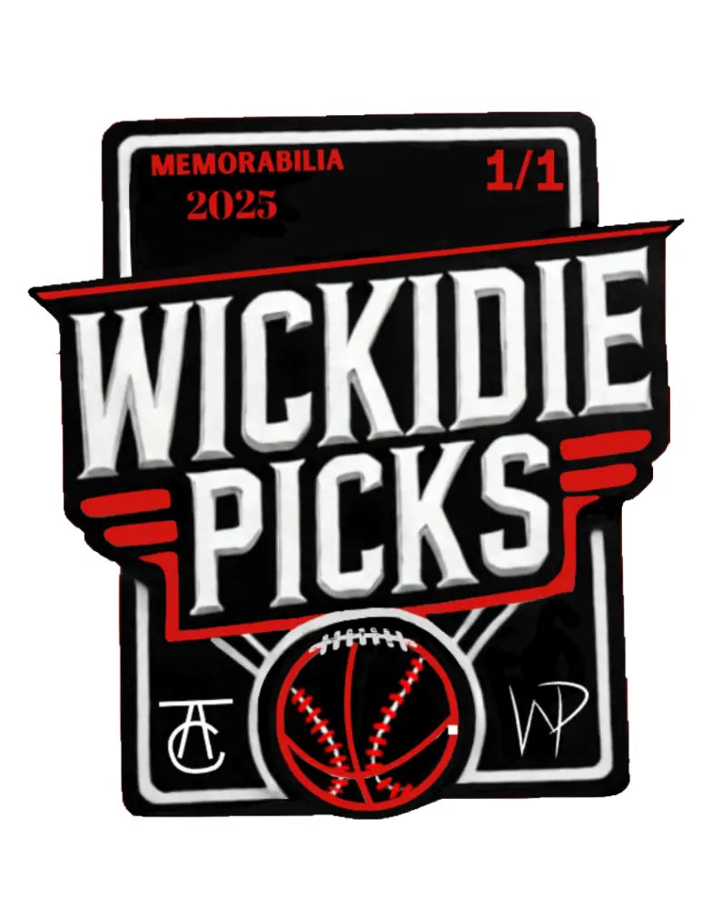 A black and red sports memorabilia card with the text ’WICKIDIE PICKS’ and a basketball/football graphic.