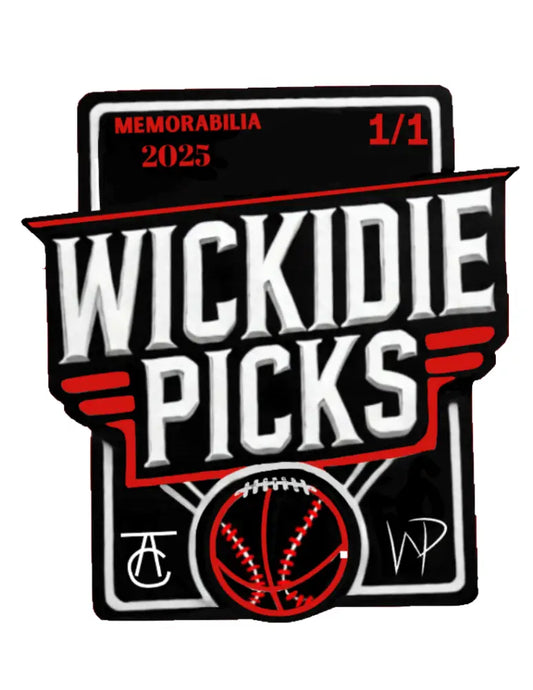 A black and red sports memorabilia card with the text ’WICKIDIE PICKS’ and a basketball/football graphic.