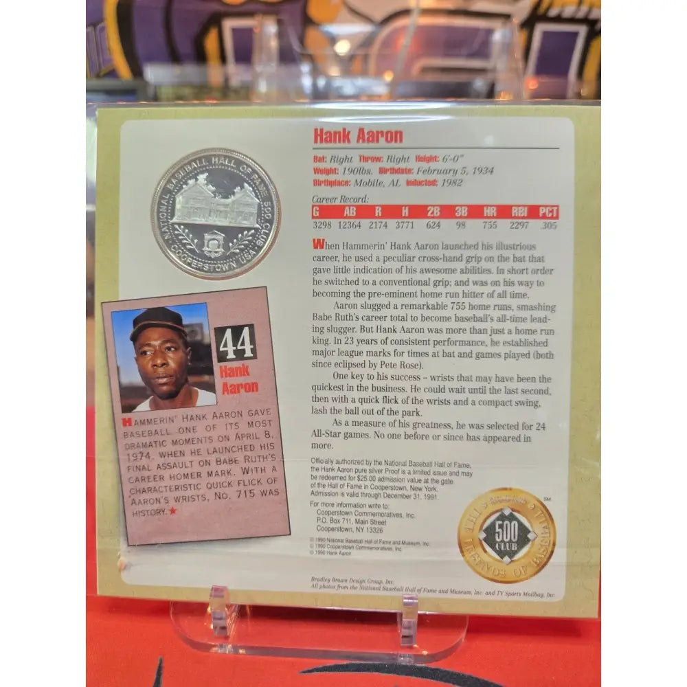 Hank Aaron 1990 LOB 755 Home Run Club Card.999 Silver (Aprox $25) Coin