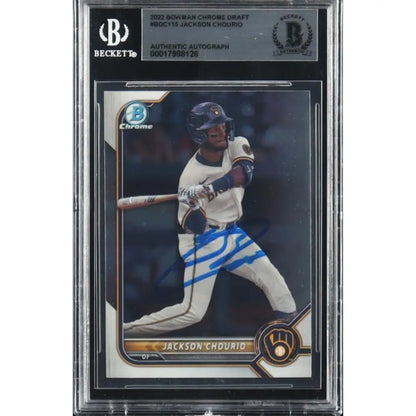 Beckett-encapsulated 2023 Bowman Chrome Draft Jackson Chourio baseball card with an authentic autograph.