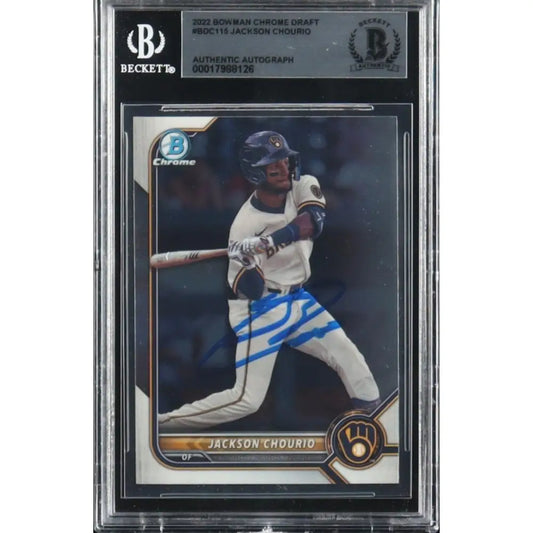 Beckett-encapsulated 2023 Bowman Chrome Draft Jackson Chourio baseball card with an authentic autograph.