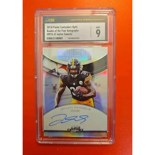 Graded 2018 Panini Contenders Optic Rookie of the Year Autographs #RYA-JS Jaylen Samuels football card.