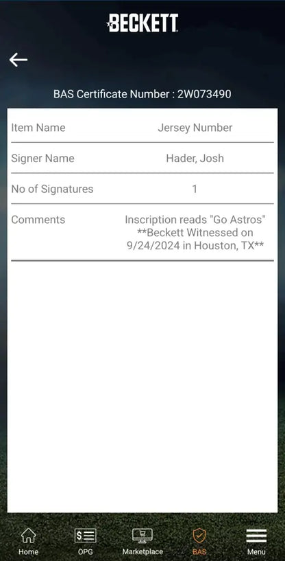 An authentication certificate for an item signed by Josh Hader.