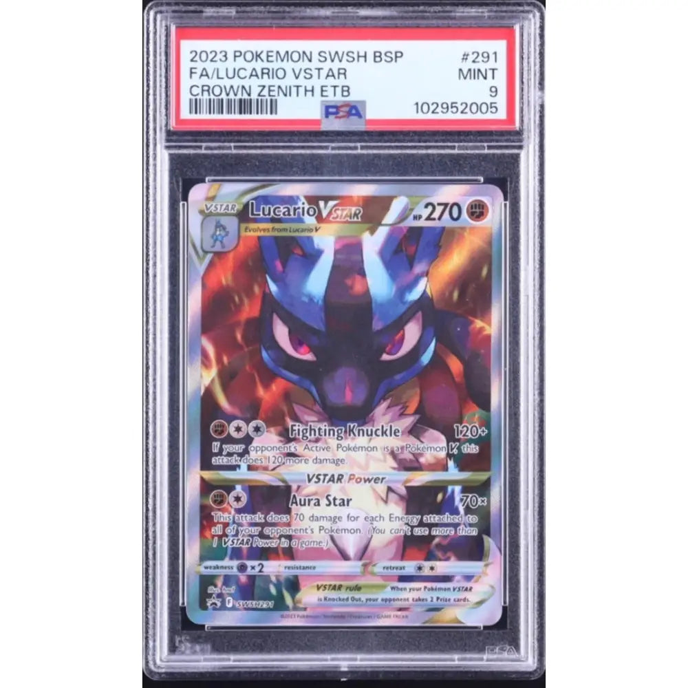 A PSA-graded Lucario VSTAR Full Art Pokemon card from the Crown Zenith set.