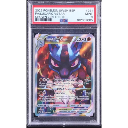 A PSA-graded Lucario VSTAR Full Art Pokemon card from the Crown Zenith set.