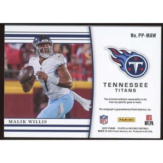 Malik Willis RPA Auto /25 2022 Panini Chronicles Plates & Patches Titans Rookie