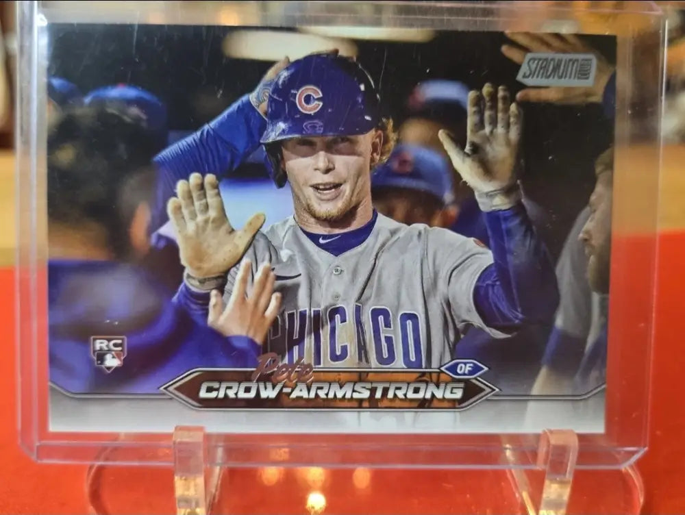 Baseball trading card of Pete Crow-Armstrong in a Chicago Cubs uniform.
