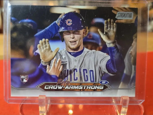 Baseball trading card of Pete Crow-Armstrong in a Chicago Cubs uniform.