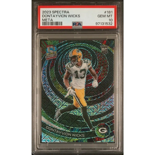 Graded 2023 Panini Spectra football card of Dontayvion Wicks.