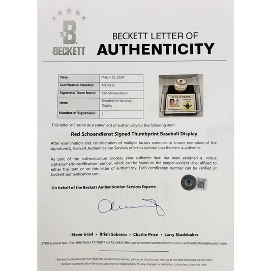 Red Schoendienst Signed Thumbprint Baseball 018/200 Display Beckett