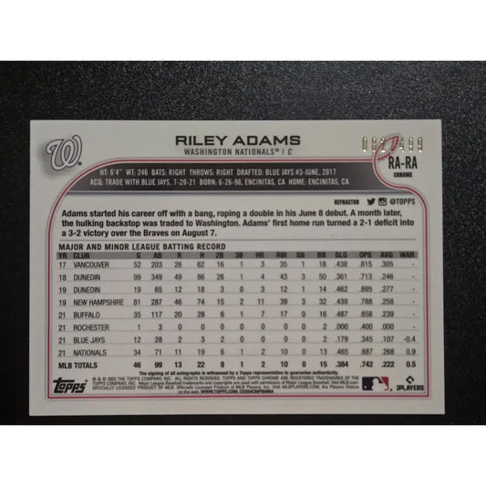 Riley Adams 2022 Topps Chrome Rookie Autographs #RA RA (AU RC) Baseball Card