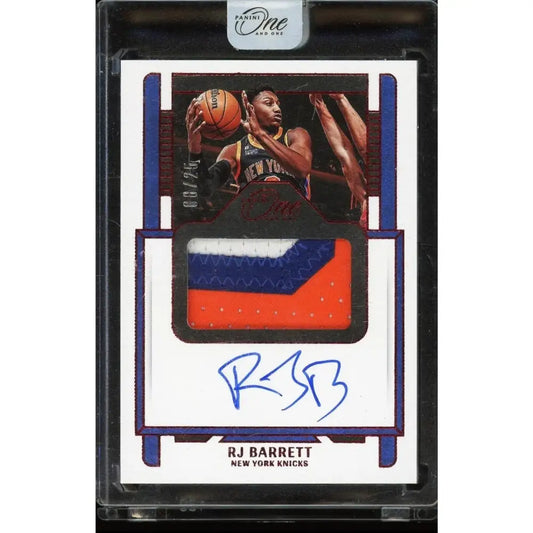 An RJ Barrett Panini One basketball trading card with a patch and autograph.