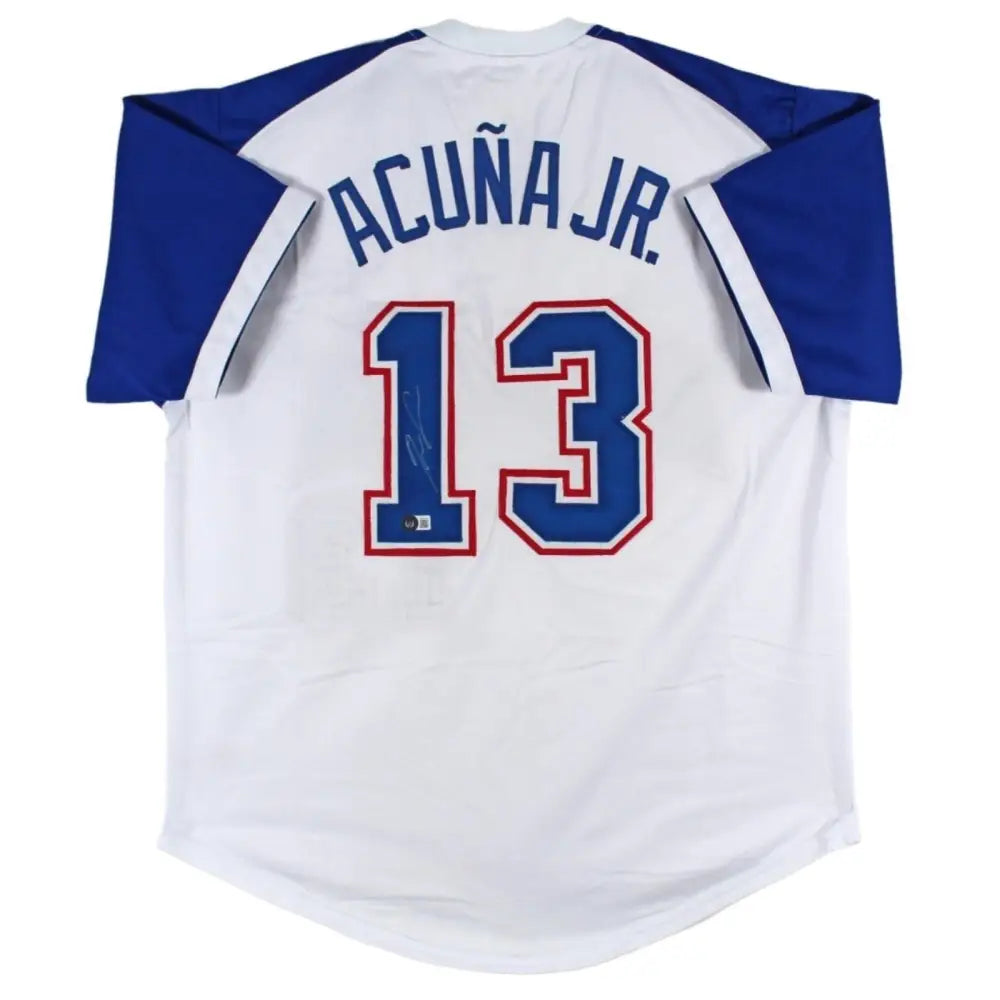 Ronald Acuna Jr. Signed White TB Pro Style Jersey w/ Blue Numbers BAS Witnessed