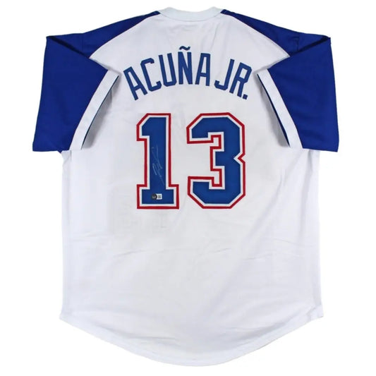 Ronald Acuna Jr. Signed White TB Pro Style Jersey w/ Blue Numbers BAS Witnessed