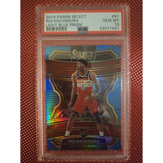 A PSA-graded 2019 Panini Select Rui Hachimura Light Blue Prizm basketball card, graded Gem Mint 10.