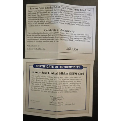 Two certificates of authenticity for a Sammy Sosa baseball card.